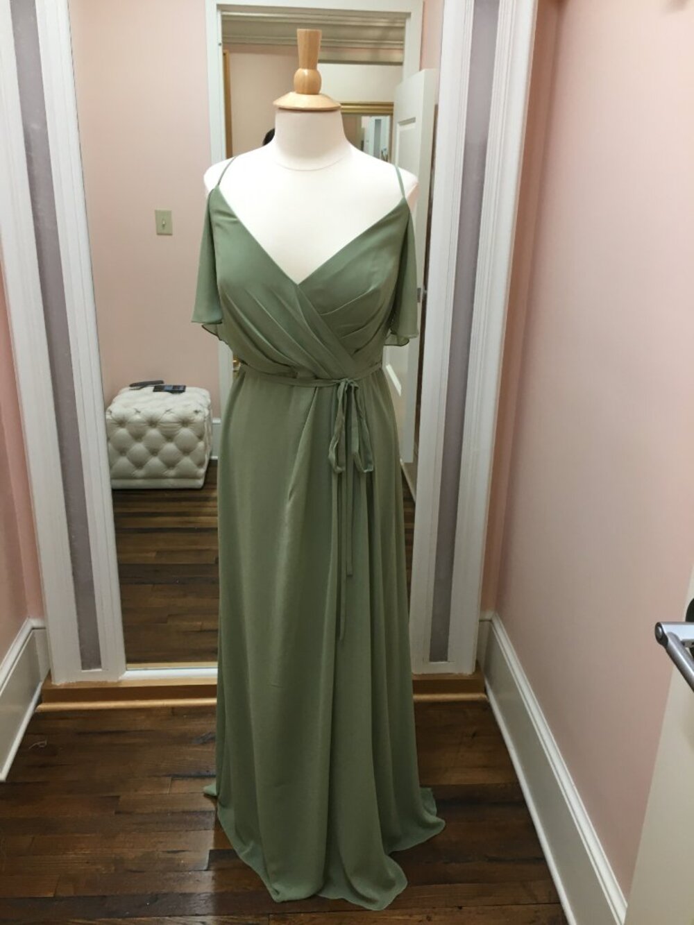 Sage Green Long Chiffon Boho Bridesmaid Dress Cold Shoulder Sleeve B2 Jasmine